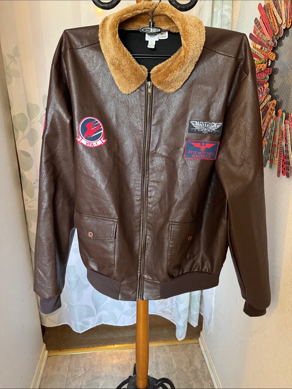 Top Gun Brown Faux Leather Men’s Jacket with Sherpa Collar